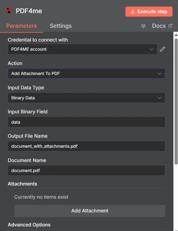 Clicca per ingrandire Il nodo PDF4me in n8n è impostato su Azione Aggiungi allegato al PDF, Tipo di dati di input Dati binari, Campo binario di input dati, Nome file di output document_with_attachments.pdf, Nome documento document.pdf e una raccolta Allegati vuota con un pulsante Aggiungi allegato